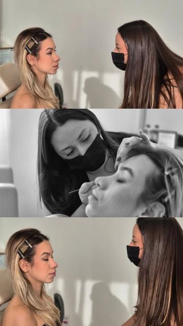 Bastidores: maquiadora preparando a pele com máscara de proteção